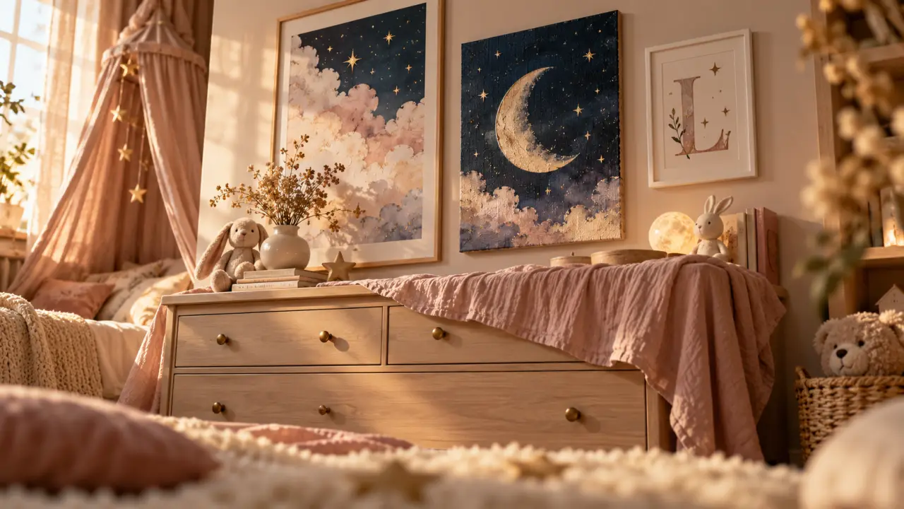 Tableau chambre fille : 3 cadres pastel au-dessus d’une commode