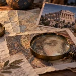 Art et culture voyage : carnet, boussole et détail d’œuvre sur table