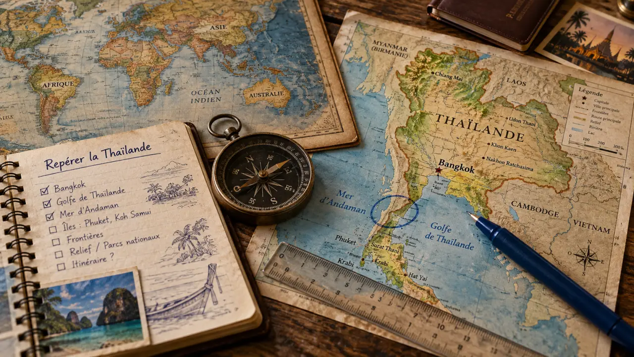 Carte du monde thailande et carte de la Thaïlande avec frontières et boussole