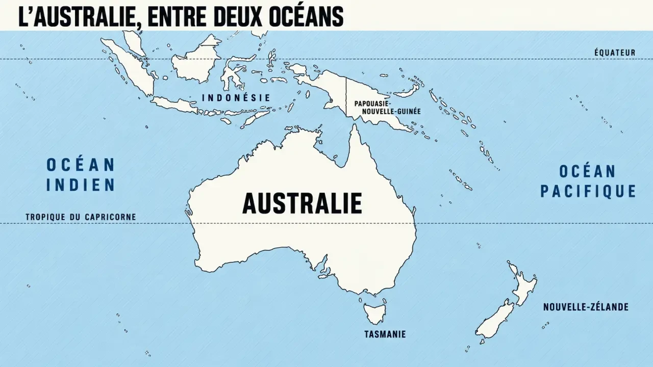 Australie carte du monde avec l’équateur, le tropique du Capricorne, les océans et les pays voisins