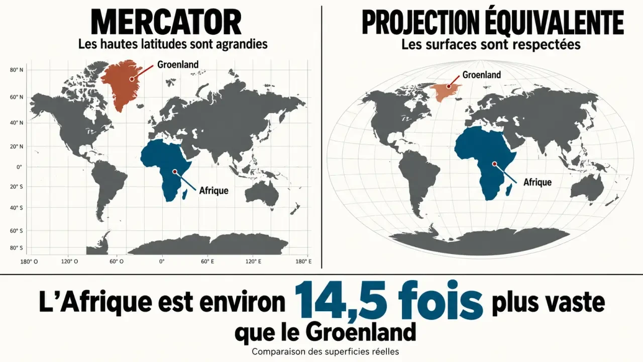 Infographie sur la vraie carte du monde comparant Mercator et la taille réelle de l'Afrique et du Groenland
