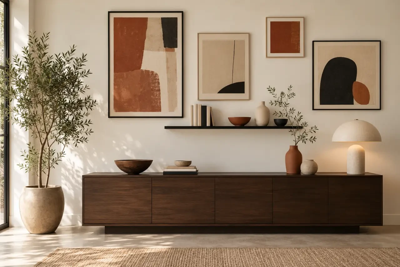 Idée déco au dessus d'un bahut long avec mur de cadres et étagère flottante