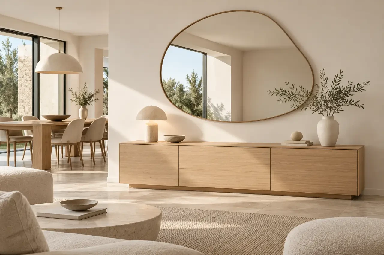 Idée déco au dessus d'un bahut avec grand miroir organique et accessoires minimalistes