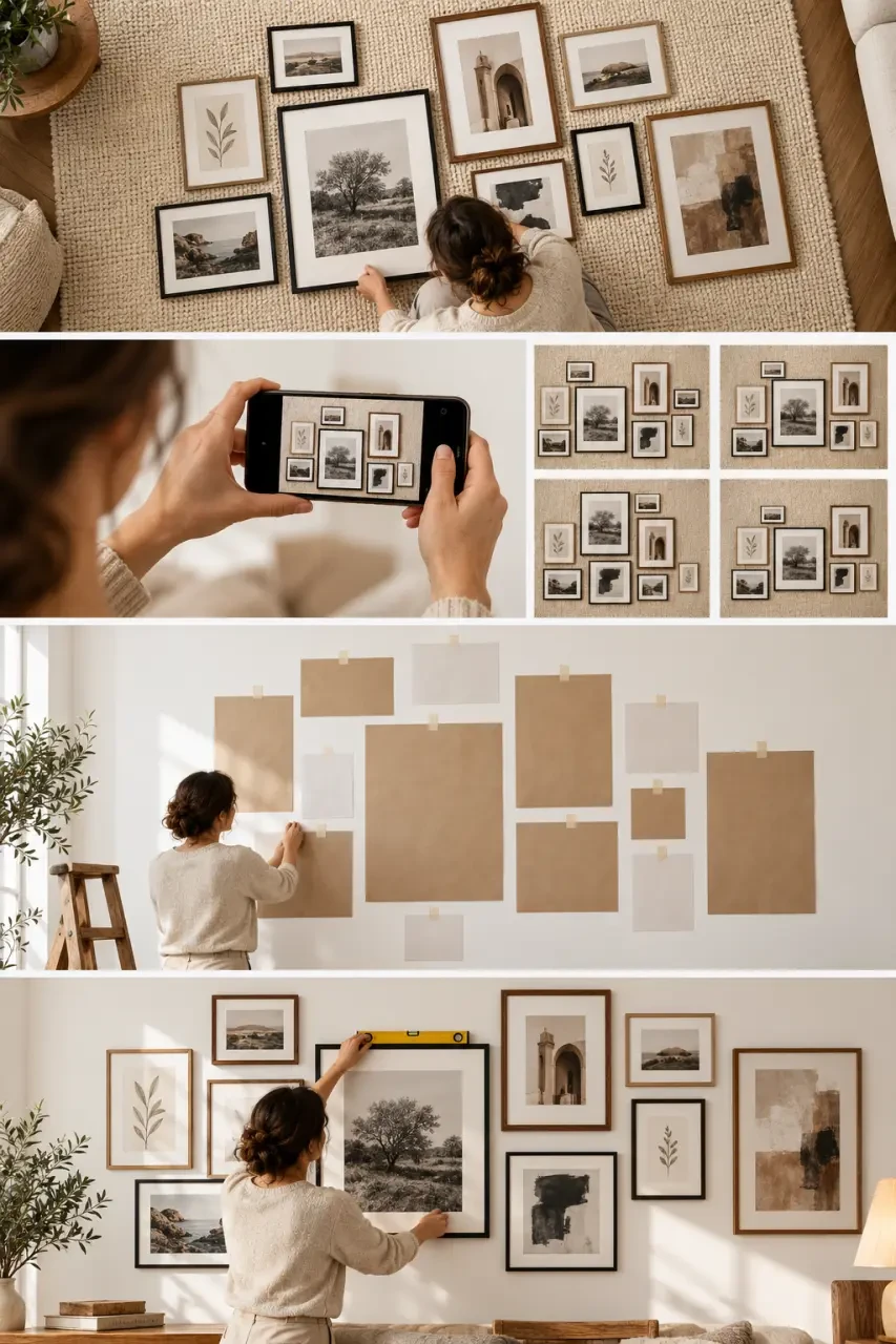 Étapes pour créer un mur de cadres harmonieux chez soi, de la composition au sol à la pose au mur