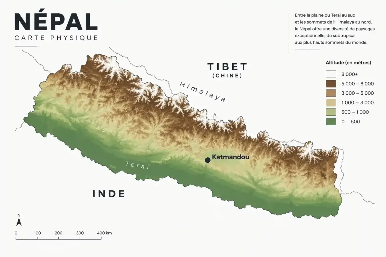 Carte népalaise physique : relief du Népal, des plaines du sud à l'Himalaya