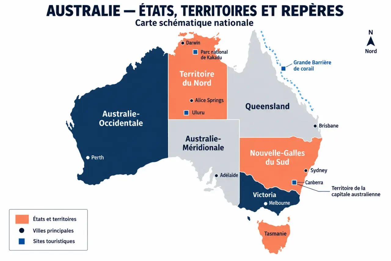 Carte d4australie avec États, territoires, grandes villes et principaux repères touristiques