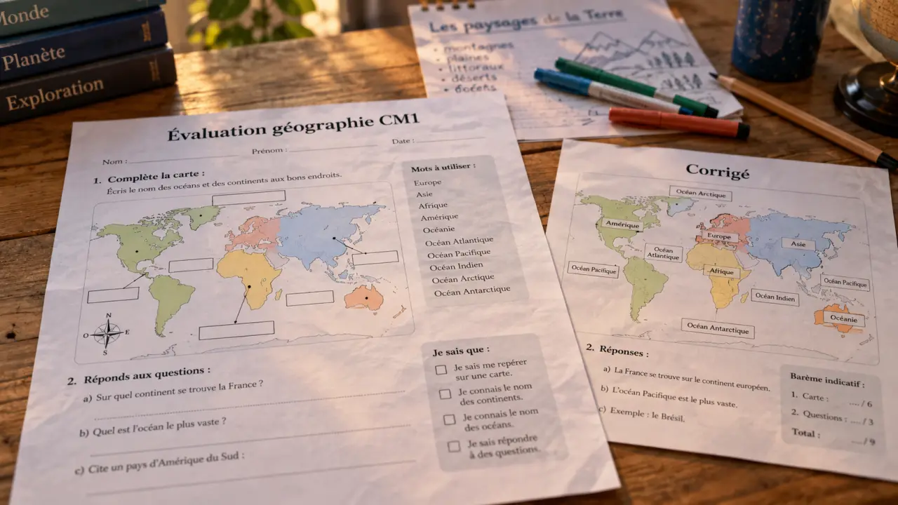 Évaluation géographie CM1 pdf avec correction, carte à compléter et corrigé