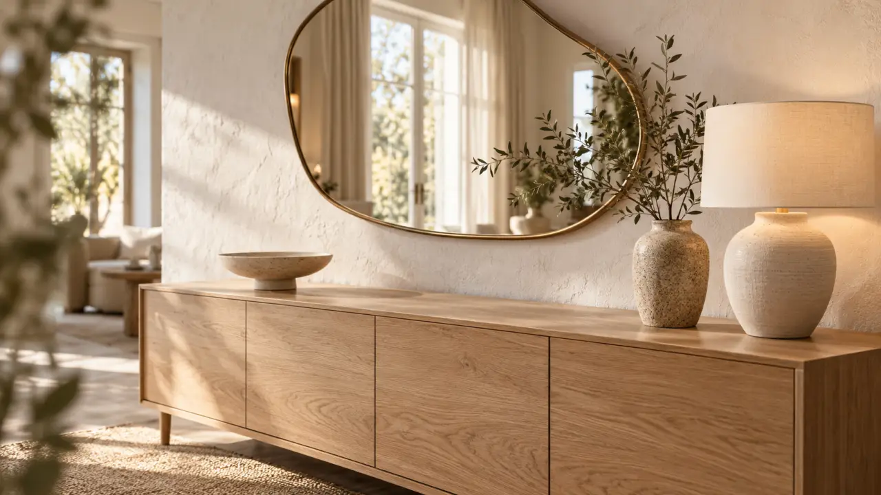 Idée déco au dessus d’un bahut : miroir organique et lumière diffuse