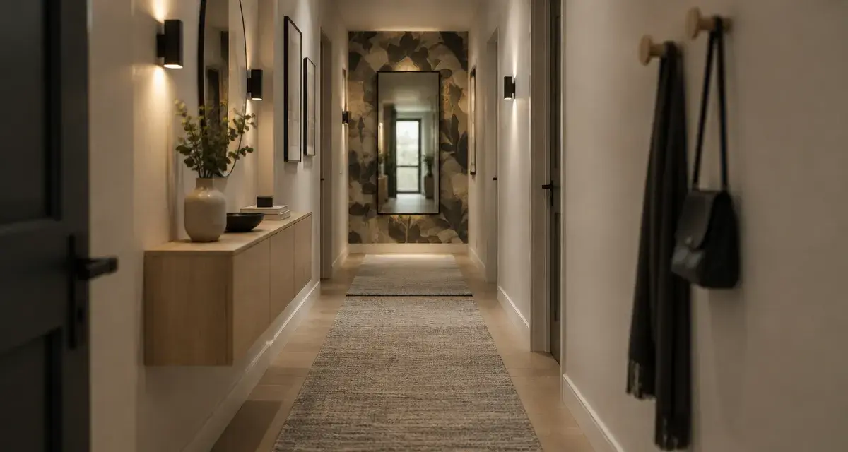 Idee deco couloir long : couloir étroit plus large, miroir et tapis