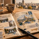 Carnet de voyage ouvert, cartes et tickets, idées inspirantes carnet de voyage exemple