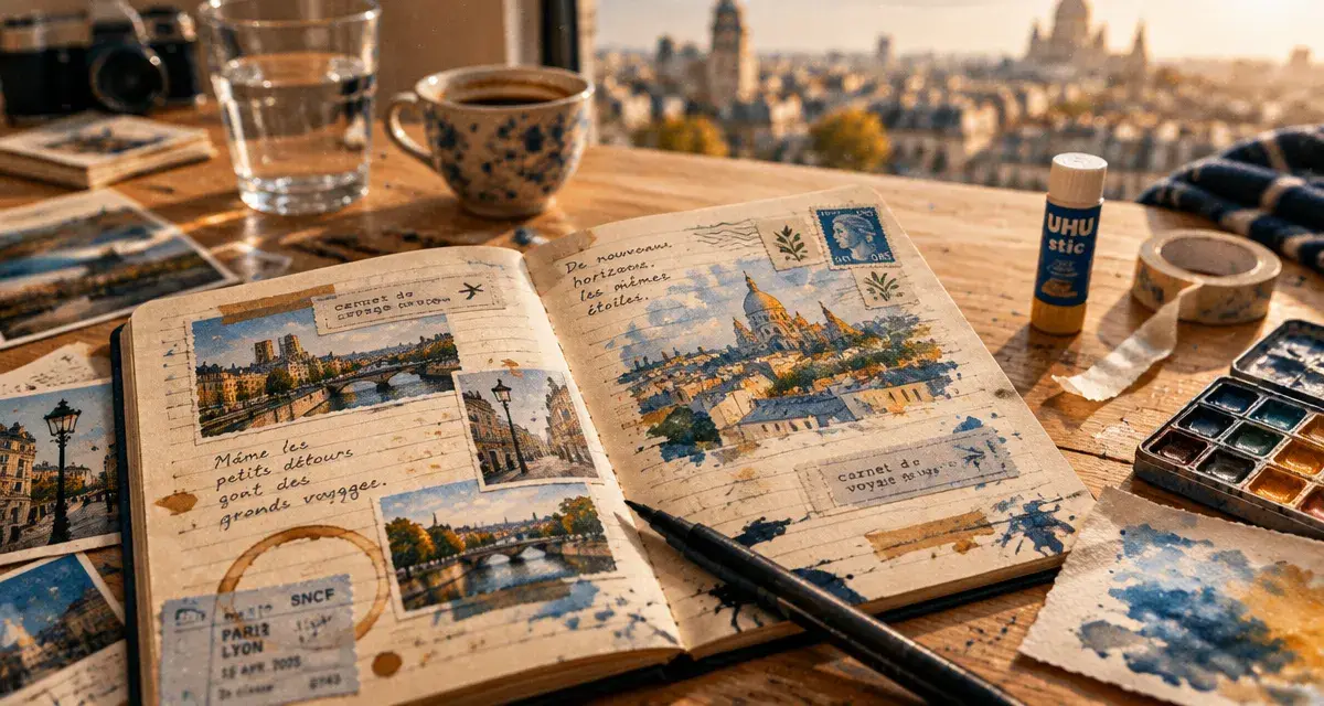 Carnet de voyage ouvert, cartes et tickets, idées inspirantes carnet de voyage exemple